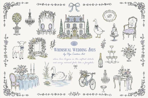 Dreamy French Romance: The Whimsical Vintage Wedding Clipart Collection