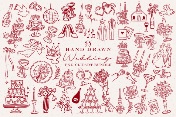Hand Drawn Wedding PNG Clipart: 55 Elegant Illustrations for Your Projects