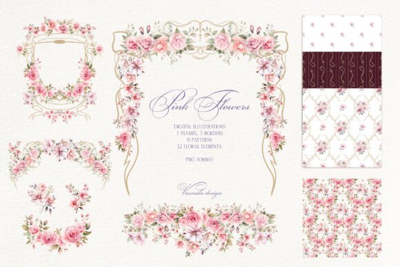 Pink Flower Wedding Set: Versatile Design Elements for Elegant Projects